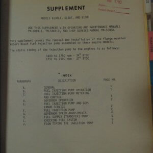 Allis Chalmers Supplement Model 6138LT, 6138T, 6138I Fuel Injection Pumps, Parts, Service Manual; Test Data, Pynamometer & Engine; Power Shift Transmission Operator and Maintenance Manual