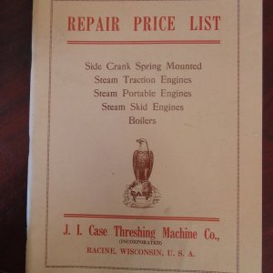 J.I. Case Threshing Machine CO. Repair Price List- Side Crank Spring Mounted, Steam Traction Engines, Steam Portable Engines, Steam Skid Engines, Boilers